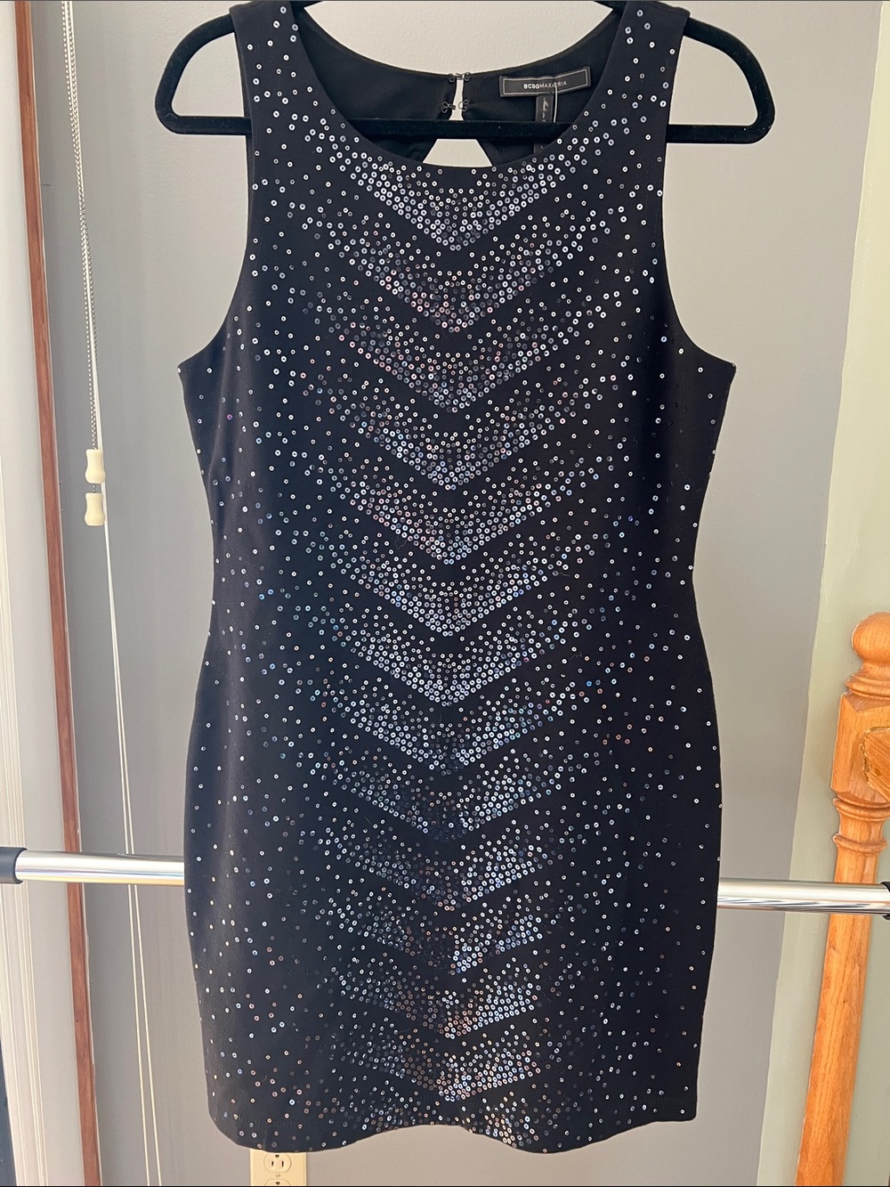 BCBGMaxAzria Black Sleeveless Rhinestone Sheath Dress